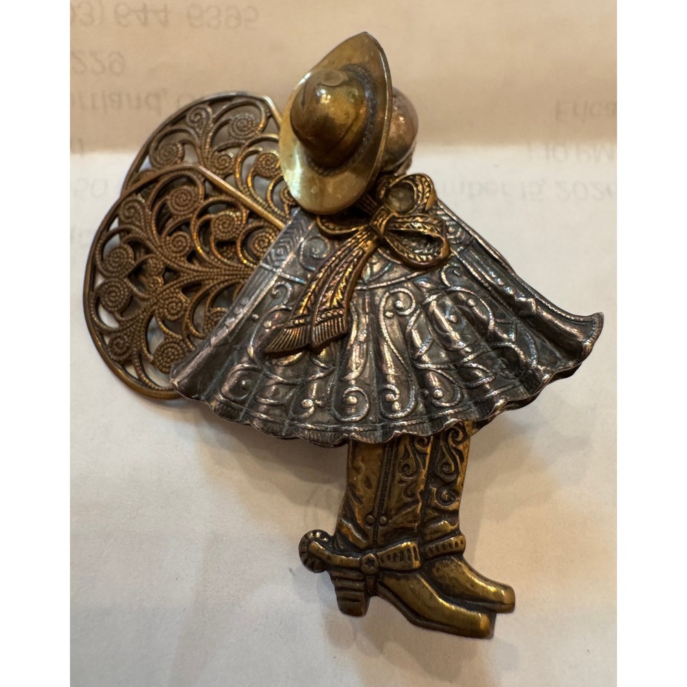 Cowgirl Brooch Pin Women Silver Gold Western Filigree Fan Old Fashioned Rodeo